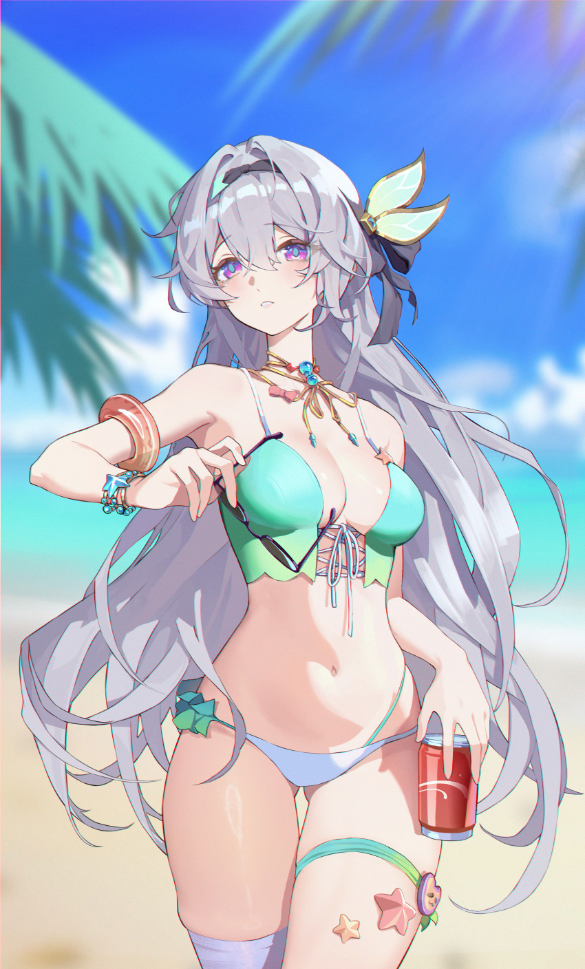1girl absurdres alternate_costume beach bikini black_hairband blue_pupils blue_sky blurry blurry_background bracelet breasts can cowboy_shot cross-laced_bikini cross-laced_clothes day firefly_(honkai:_star_rail) front-tie_bikini_top front-tie_top grey_hair hairband highres holding holding_can holding_removed_eyewear honkai:_star_rail honkai_(series) jewelry long_hair medium_breasts outdoors palm_tree parted_lips purple_eyes qian_qian_qian single_thighhigh skindentation sky solo sunglasses swimsuit thigh_strap thighhighs tree unworn_eyewear white_thighhighs