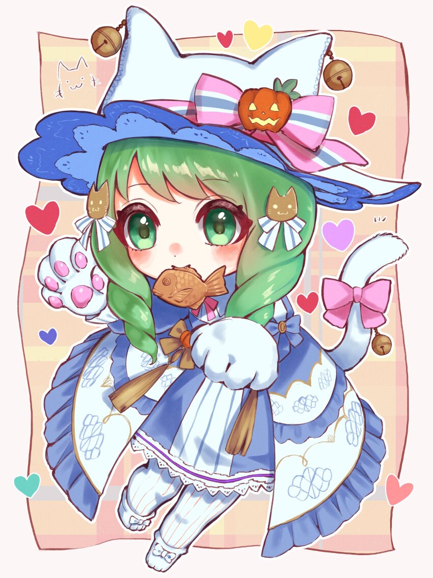 1girl absurdres animal_ears cat_ears cat_girl cat_tail chibi drill_hair fake_animal_ears fake_tail fire_emblem fire_emblem:_three_houses fire_emblem_heroes flayn_(fire_emblem) flayn_(halloween)_(fire_emblem) food food_in_mouth green_eyes green_hair hair_ornament hairclip highres looking_at_viewer miran_(olivine_20) nintendo tail taiyaki wagashi