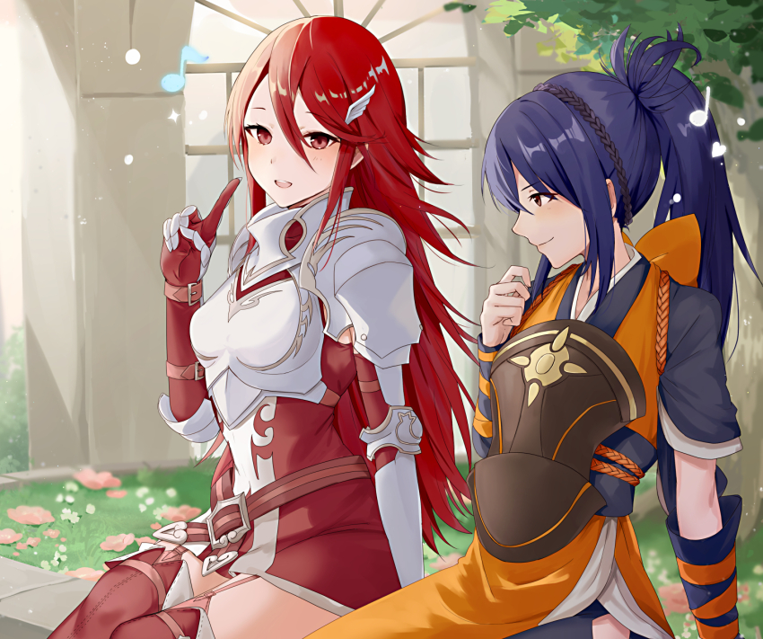2girls apron armor belt blue_hair boobplate braid breastplate brown_eyes commission cordelia_(fire_emblem) crown_braid fire_emblem fire_emblem_awakening fire_emblem_fates flower gauntlets hair_ornament haru_(nakajou-28) highres japanese_armor japanese_clothes multiple_girls musical_note nintendo oboro_(fire_emblem) orange_apron ponytail red_eyes red_hair rope sitting skeb_commission wing_hair_ornament winged_hair_ornament