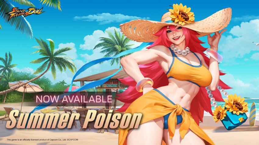 bag beach beach_umbrella bikini bird blue_ribbon blue_sky bracelet cloud coconut_tree deck_chair elbow_carry flower gazebo glass handbag hat highres jewelry long_hair muscular muscular_female necklace ocean official_alternate_costume official_art palm_tree pearl_necklace poison_(final_fight) ribbon seagull shade sky smile straw_hat street_fighter street_fighter:_duel sunflower surfboard swimsuit tree umbrella very_long_hair