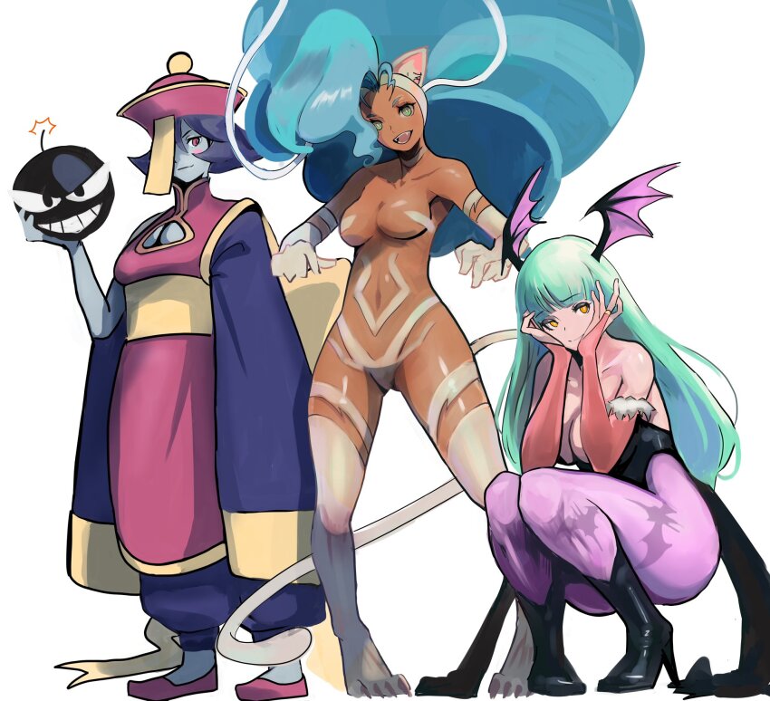 3girls animal_ears animal_print bat_print big_hair black_leotard blue_hair blue_skin blush_stickers bomb breasts bridal_gauntlets cat_ears cat_girl cat_tail china_dress chinese_clothes cleavage clothing_cutout colored_skin darkstalkers demon_girl dress explosive fangs felicia_(darkstalkers) grey_hair head_wings highleg highleg_leotard highres holding holding_bomb hsien-ko jiangshi large_breasts leotard long_hair long_sleeves looking_at_viewer low_wings medium_breasts meke_(77842928) morrigan_aensland multiple_girls pantyhose print_pantyhose purple_pantyhose short_hair tail talisman wings