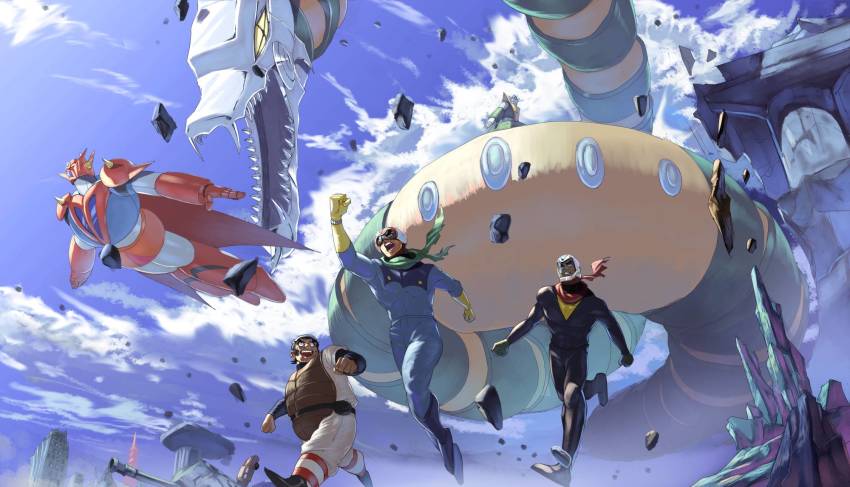 3boys benkei_kuruma boots cloud flying getter_dragon getter_robo getter_robo_g gloves helmet highres jin_hayato mecha multiple_boys nagare_ryoma pilot_helmet pilot_suit robot running scarf super_robot uzaara vldhomecenter