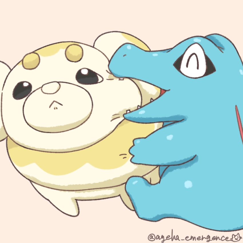 :&lt; ^_^ artist_name biting biting_another biting_cheek blinking_inside_eyes cheek_pull close-up closed_eyes closed_mouth crocodile crocodilian dog facing_another fidough gen_2_pokemon grey_background happy highres kitsune_neko_tsuu leaning_to_the_side light_frown looking_ahead nintendo no_humans open_mouth pokemon pokemon_(creature) pokemon_focus simple_background sitting standing totodile wrinkled_chin