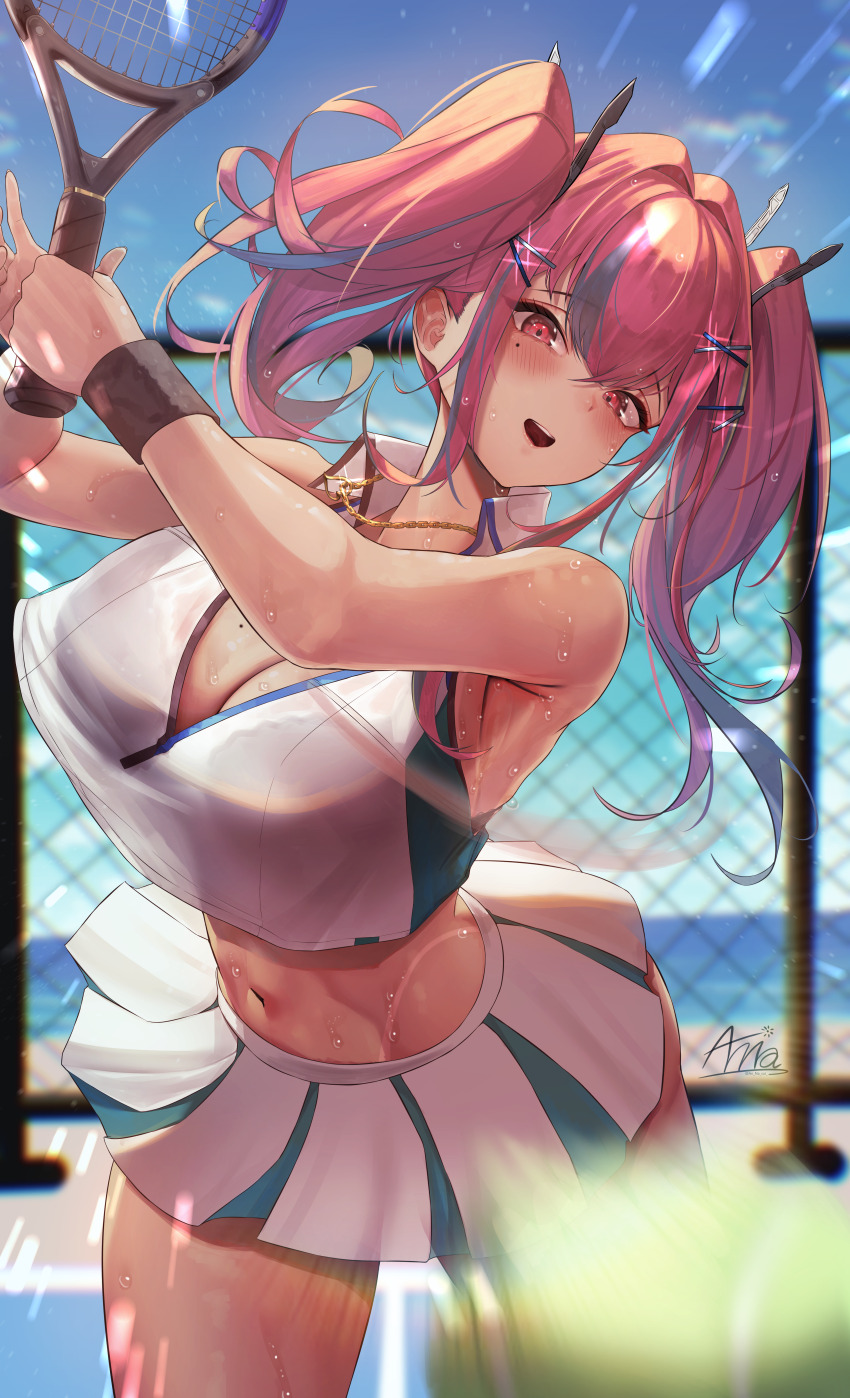 1girl absurdres annasui_factory armpit_crease arms_up azur_lane ball bare_shoulders blue_sky blush breasts bremerton_(azur_lane) bremerton_(scorching-hot_training)_(azur_lane) chain-link_fence cleavage collarbone collared_shirt commentary cowboy_shot crop_top crop_top_overhang day fence green_skirt grey_hair hair_between_eyes hair_intakes hair_ornament heart heart_necklace highres holding holding_racket jewelry large_breasts lens_flare long_hair looking_at_viewer making-of_available mole mole_on_breast mole_under_eye motion_blur multicolored_hair navel necklace official_alternate_costume open_mouth outdoors pink_eyes pink_hair racket shirt sidelocks signature skirt sky sleeveless sleeveless_shirt solo sportswear standing stomach streaked_hair sweat sweatband swinging_tennis_racket tan tanline tennis tennis_ball tennis_court tennis_racket tennis_uniform twintails two-tone_hair two-tone_shirt two-tone_skirt wet wet_clothes wet_shirt white_shirt white_skirt x_hair_ornament