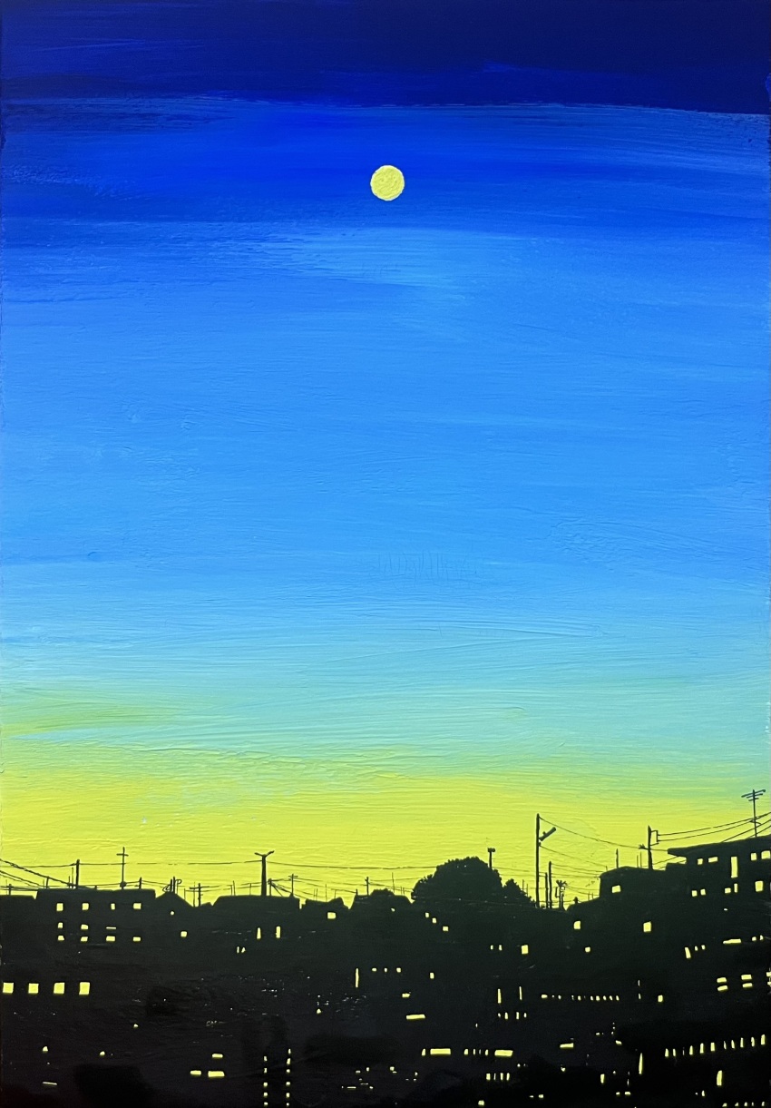 absurdres blue_sky city city_lights cityscape gradient_sky highres ibsukionsen moon night night_sky no_humans original outdoors power_lines scenery sky skyline traditional_media utility_pole yellow_sky