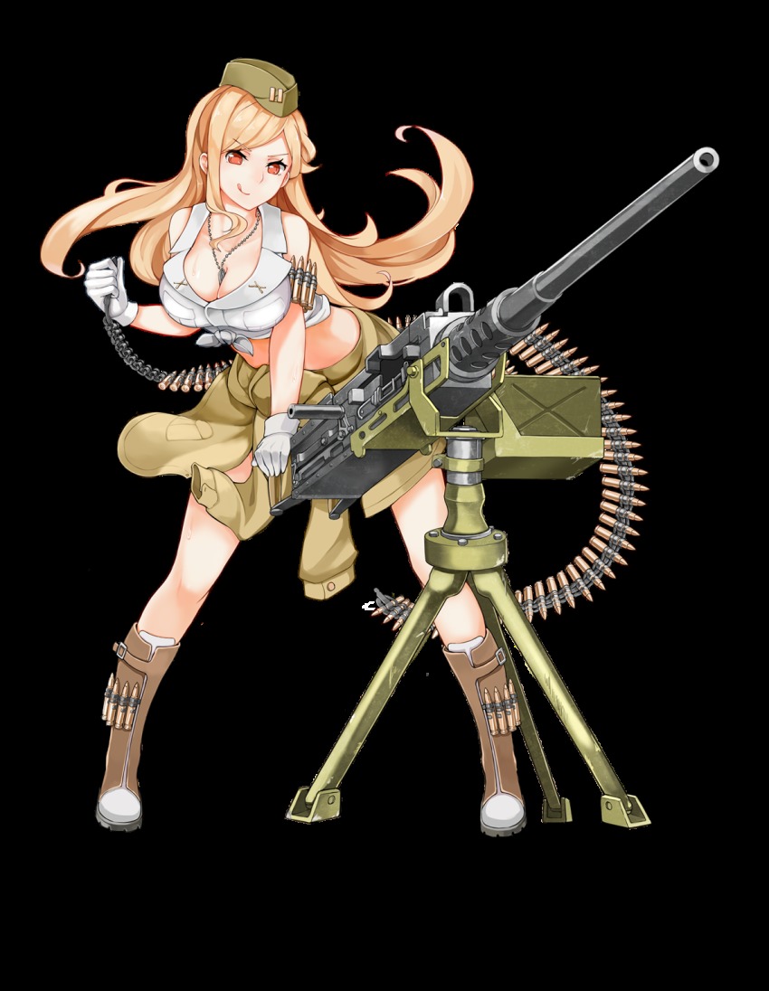 .50_bmg 1girl :p ammunition ammunition_belt anti-materiel_cartridge blonde_hair boots breasts browning_m2 bullet clothes_around_waist crop_top dog_tags female_focus front-tie_top full_body garrison_cap girls&#039;_frontline gun hat heavy_machine_gun highres hmg_cartridge holding insignia jacket jacket_around_waist large_breasts looking_at_viewer looking_away m2hb_(girls&#039;_frontline) m9_link machine_gun magnum_cartridge match_grade_ammunition midriff military_cartridge military_rank_insignia official_art personification rifle_cartridge solo standing supersonic_ammunition tongue tongue_out transparent_background weapon