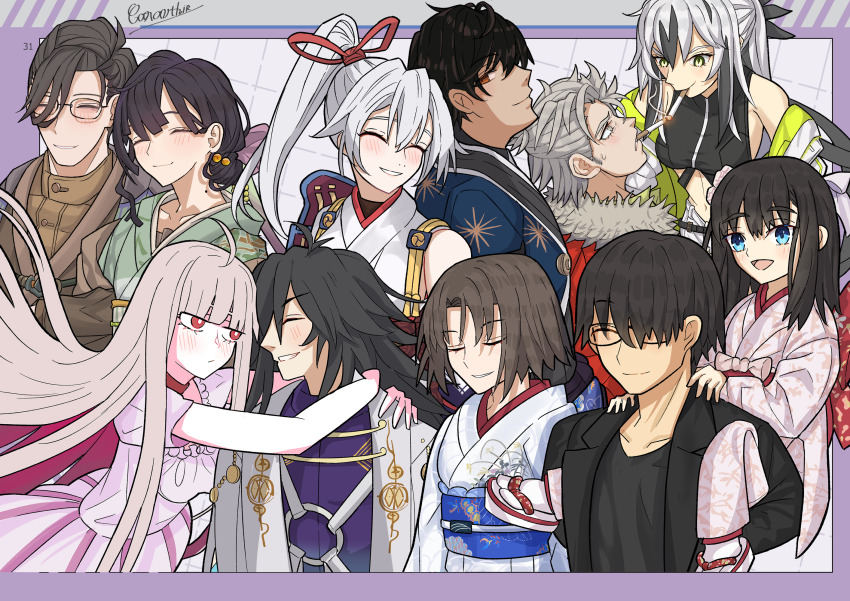 6+boys 6+girls bare_shoulders black_hair black_shirt blush brown_eyes caravthir carrying cigarette closed_eyes collarbone fate/grand_order fate/samurai_remnant fate_(series) father_and_daughter glasses green_eyes grey_hair hetero highres husband_and_wife japanese_clothes kara_no_kyoukai kimono kokutou_mikiya long_hair mother_and_daughter multicolored_hair multiple_boys multiple_girls nagao_kagetora_(fate) oryou_(fate) oryou_(lancer)_(fate) piggyback ponytail red_eyes rogue_saber_(fate/samurai_remnant) ryougi_mana ryougi_shiki sakamoto_ryouma_(fate) sakamoto_ryouma_(lancer)_(fate) shirt signature takeda_shingen_(fate) toeless_footwear tomoe_gozen_(fate) uesugi_kenshin_(fate) uesugi_kenshin_(second_ascension)_(fate) white_hair white_kimono yamanami_keisuke_(fate)