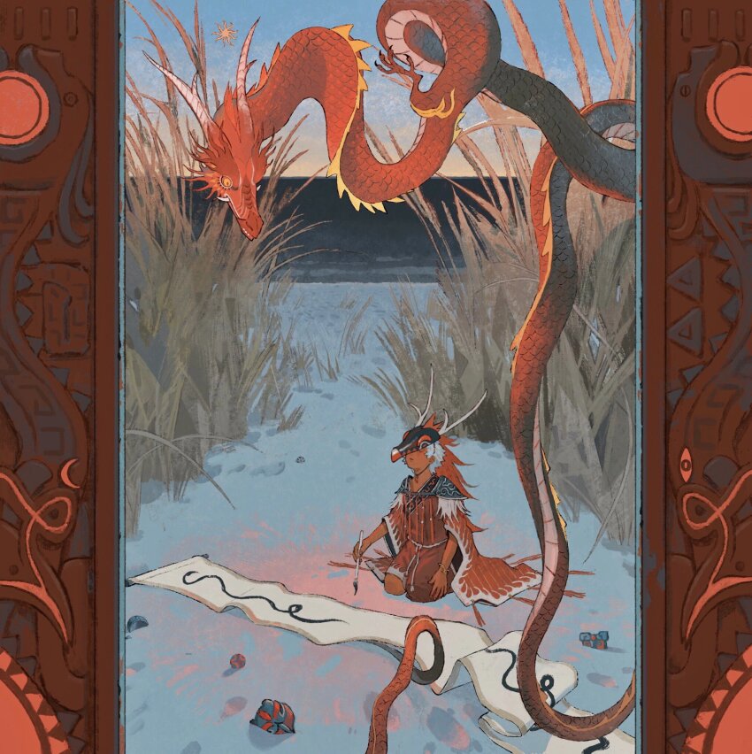 1boy beach border child commentary day dragon foliage full_body highres holding horns huahua_zhu kneeling open_mouth original ornate_border outdoors painting_(action) parchment sand scenery shirt short_hair sitting sky solo symbol-only_commentary water white_hair