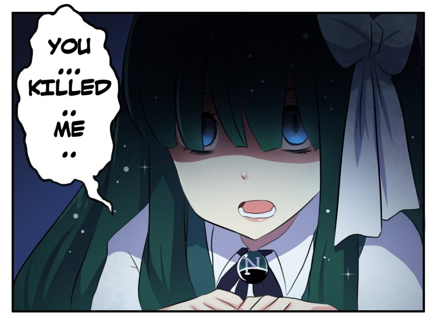 1girl 4koma blue_eyes bow close-up collared_shirt comic english_text female_focus gradient_hair hair_bow highres hinghoi long_hair multicolored_hair netscape netscape_(merryweather) open_mouth original os-tan shaded_face shirt solo sparkle speech_bubble white_bow