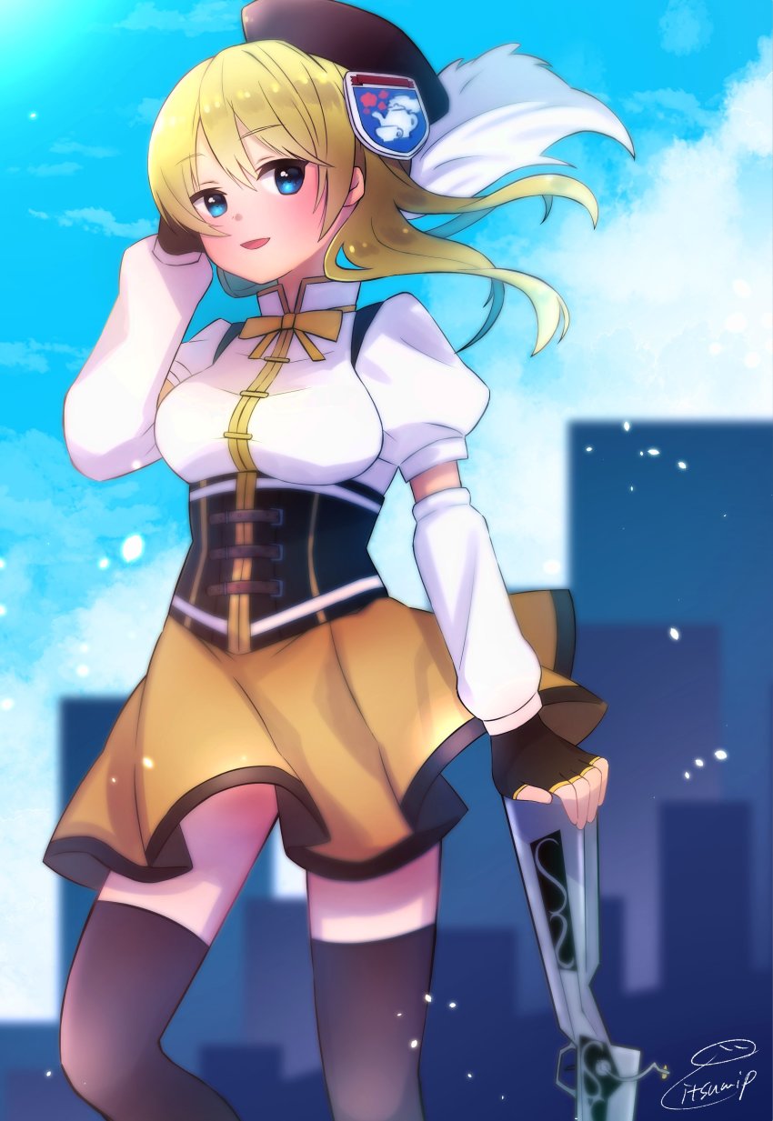 1girl absurdres beret blonde_hair blue_eyes bow bowtie breasts brown_hat brown_thighhighs corset cosplay darjeeling_(girls_und_panzer) detached_sleeves emblem fingerless_gloves girls_und_panzer gloves gun hair_between_eyes hair_down hand_in_own_hair hat highres holding holding_weapon itsumip looking_at_viewer magical_musket mahou_shoujo_madoka_magica mahou_shoujo_madoka_magica_(anime) outdoors puffy_short_sleeves puffy_sleeves shirt short_sleeves skirt skyline smile st._gloriana&#039;s_(emblem) swept_bangs thighhighs thighs tomoe_mami tomoe_mami_(cosplay) tomoe_mami_(magical_girl) weapon white_shirt yellow_bow yellow_skirt