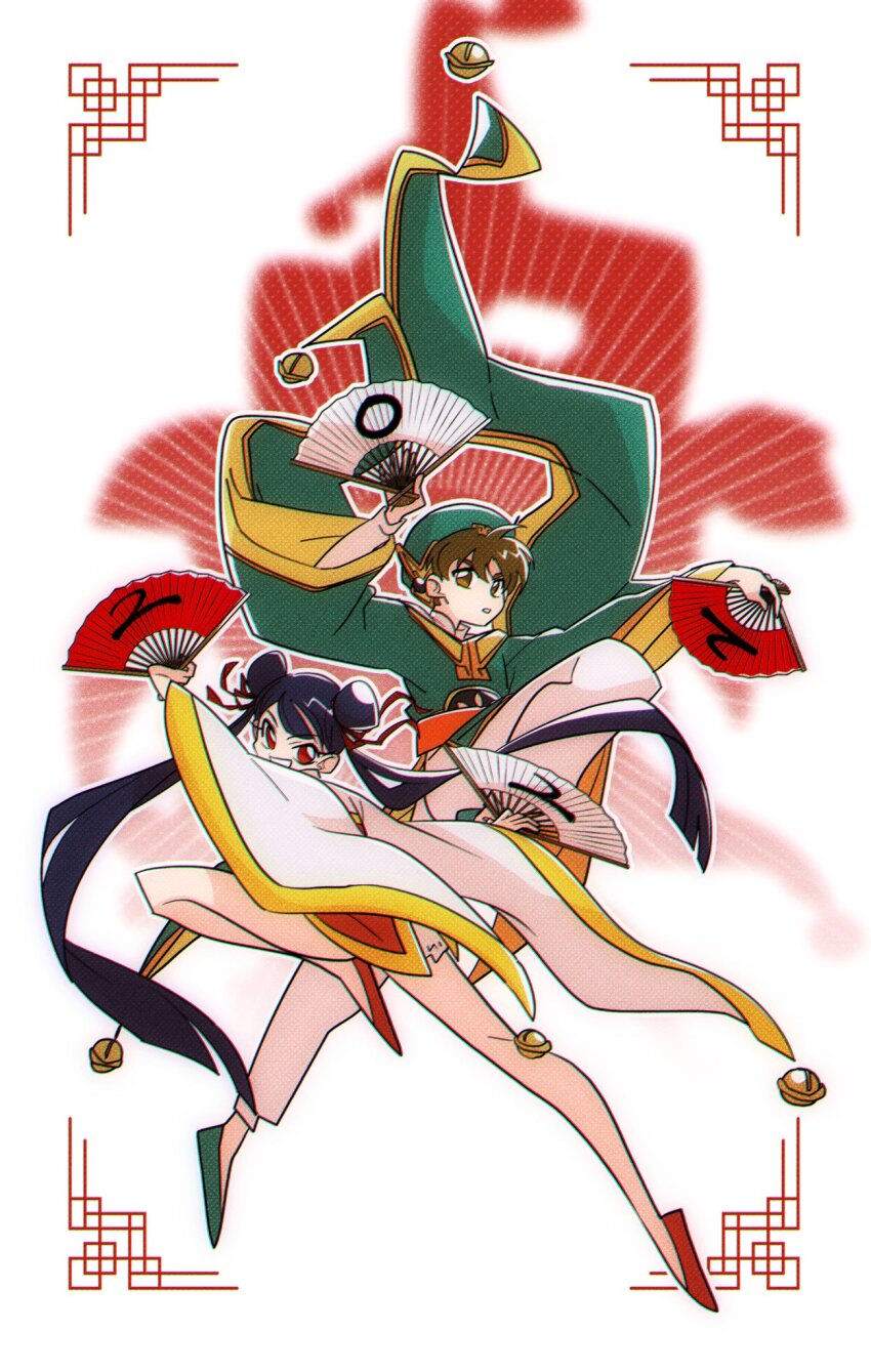 1boy 1girl bell black_hair brown_eyes brown_hair cardcaptor_sakura chinese_commentary commentary_request double_bun full_body green_footwear hair_bun hand_fan hat highres holding holding_fan li_meiling li_syaoran looking_at_viewer red_eyes red_footwear smile yuzikoz_mega