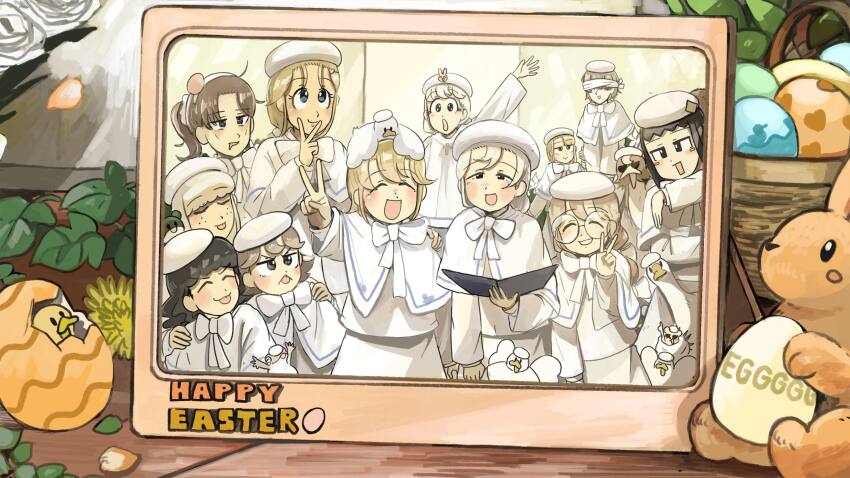 6+girls :d :p basket bird black_eyes black_hair blonde_hair blue_eyes brown_hair bunny_nun_(diva) chicken clumsy_nun_(diva) commentary curly_nun_(diva) diva_(hyxpk) drooling duck duck_on_head duckling easter easter_egg egg english_commentary eyelashes eyelashes_nun_(diva) freckles frog froggy_nun_(diva) glasses glasses_nun_(diva) goose grey_hair hairband hat hatching hedgehog highres hungry_nun_(diva) laidback_nun_(diva) little_nuns_(diva) long_hair mouth_drool multiple_girls open_mouth ostrich photo_(object) ponytail rabbit robe round_eyewear sheep_nun_(diva) short_hair shy_nun_(diva) smile spicy_nun_(diva) square_nun_(diva) tongue tongue_out v white_hairband white_hat white_robe
