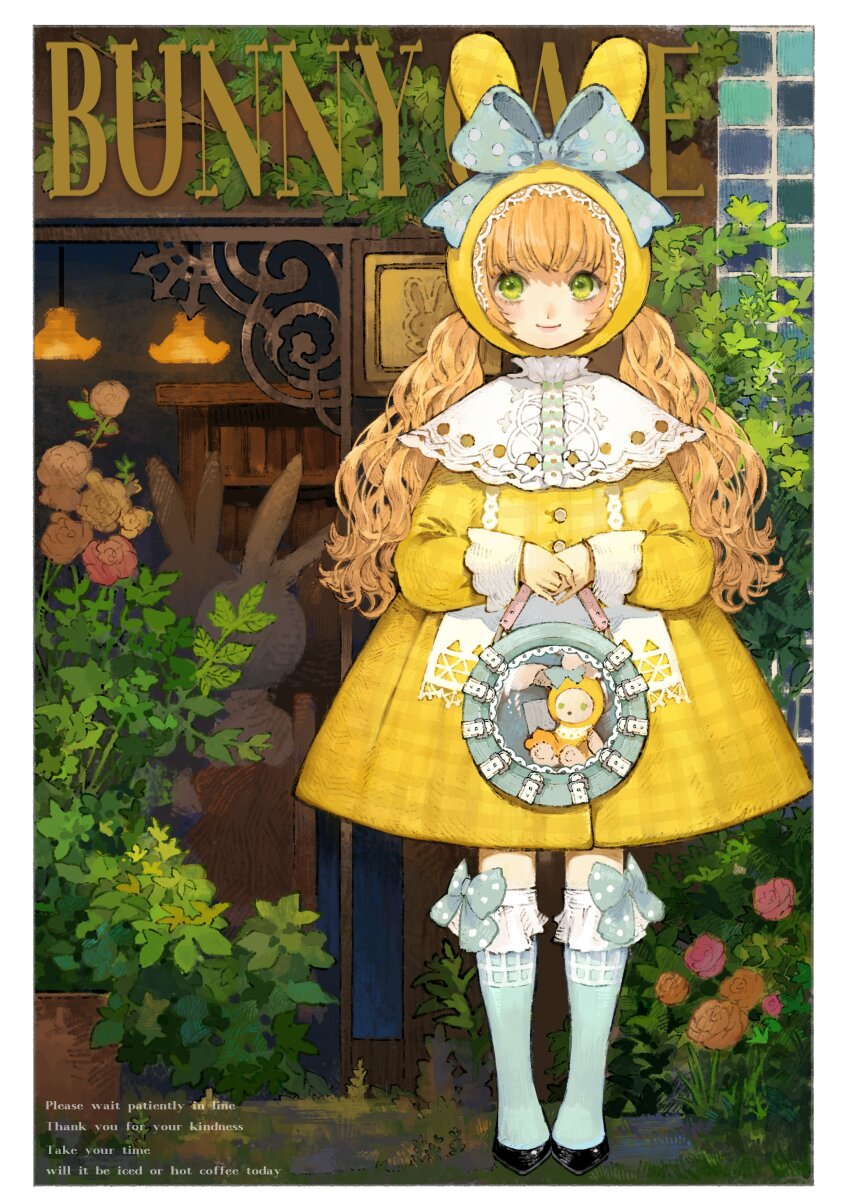 1girl absurdres animal_hat bag baiguiyu blue_bow bookshelf bow cafeteria character_background commentary dress flower grass green_eyes hat highres lace looking_at_viewer orange_flower orange_hair orange_rose original people pink_flower pink_rose plant potted_plant rabbit_hat rose stuffed_animal stuffed_toy symbol-only_commentary tiles tree twintails yellow_dress