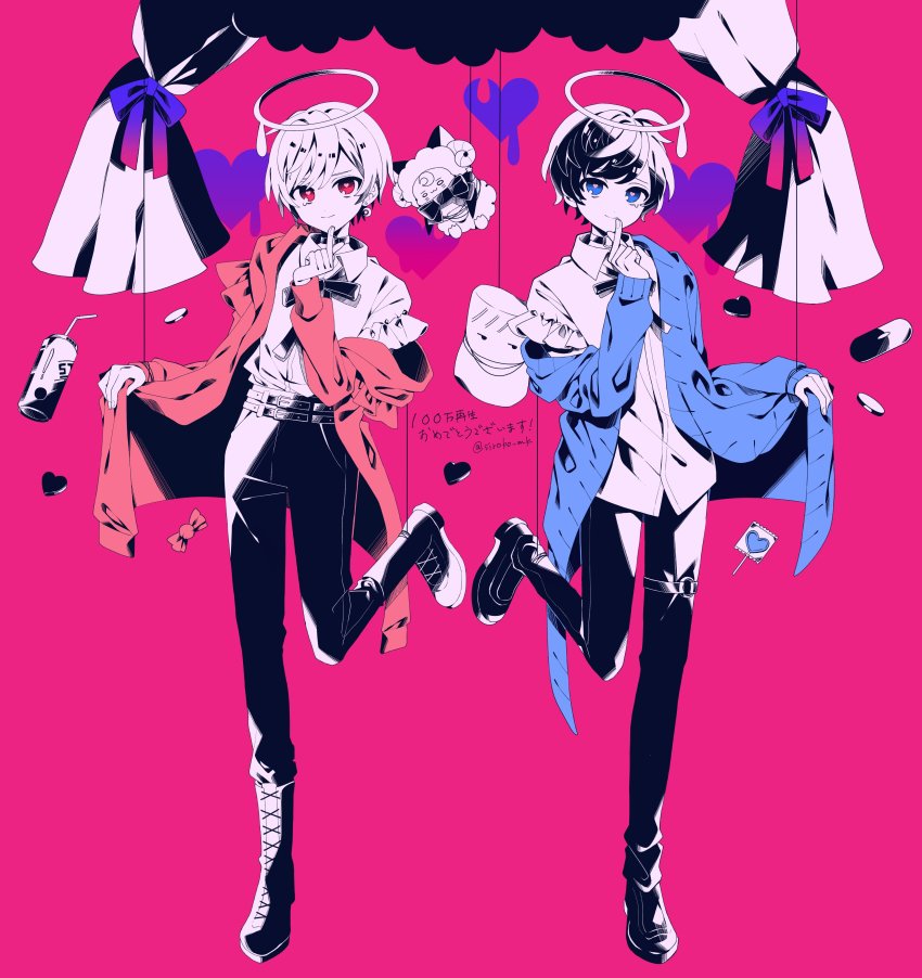 2boys absurdres amatsuki_(utaite) black_bow black_bowtie black_footwear black_pants blue_cardigan blue_eyes boots bow bowtie can candy cardigan closed_mouth curtains darling_dance_(vocaloid) derivative_work food full_body halo heart heart-shaped_food heart-shaped_lollipop heart-shaped_pupils highres index_finger_raised indie_utaite jacket loafers lollipop looking_at_viewer male_focus masamune_(amatsuki) multiple_boys niconico off_shoulder pants pill pink_background pink_bow pink_eyes pink_jacket shaped_lollipop sheep shiroko shirt shoes smile soraru symbol-shaped_pupils thigh_strap utaite vocaloid white_shirt