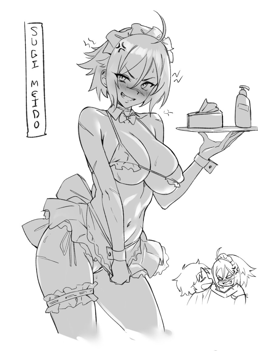 1boy 1girl absurdres ahoge anger_vein apron bare_shoulders bikini blush bow bowtie breasts chibi cleavage clenched_teeth das_(dan_dan) detached_collar fate/grand_order fate_(series) frilled_thigh_strap fujimaru_ritsuka_(male) hair_between_eyes highres large_breasts looking_at_viewer maid maid_bikini maid_headdress microskirt monochrome navel parted_bangs scar scar_on_face scar_on_nose short_hair skirt smile sugitani_zenjubou_(fate) swimsuit teeth thigh_strap thighs tray unconventional_maid waist_apron