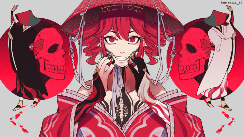 1girl 2boys black_gloves black_kimono black_nails black_trim bodypaint collarbone colored_eyelashes commentary drill_hair english_commentary facepaint footprints gloves hat highres japanese_clothes jewelry kasane_teto kasane_teto_(sv) kimono looking_at_viewer multicolored_gloves multiple_boys onjapi red_eyes red_hair red_hat red_kimono rice_hat ring sandals skull smile straight-on synthesizer_v twin_drills twitter_username upper_body utau watermark white_background white_gloves white_kimono white_trim