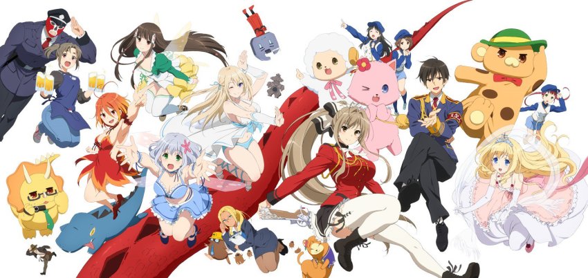 3boys 6+girls :d ;) ;d alcohol amagi_brilliant_park antenna_hair apron ashe_(amaburi) bandou_biino beer beer_mug bow breasts camera chuujou_shiina cleavage commentary_request cup dragon dress eastern_dragon everyone fairy_wings floating formal_clothes frilled_dress frilled_skirt frills gun hair_bow hair_ornament kanie_seiya koborii_(amaburi) large_breasts latifa_fleuranza long_hair looking_at_viewer macaron_(amaburi) medium_breasts midriff moffle mug multiple_boys multiple_girls muse_(amaburi) navel neck_ribbon office_lady official_art one_eye_closed open_mouth ponytail ribbon salama_(amaburi) salute sento_isuzu short_hair simple_background skirt skirt_suit small_breasts smile suit sylphy_(amaburi) takami_seno thighhighs tiara tiramii uniform very_long_hair weapon white_background wings zettai_ryouiki