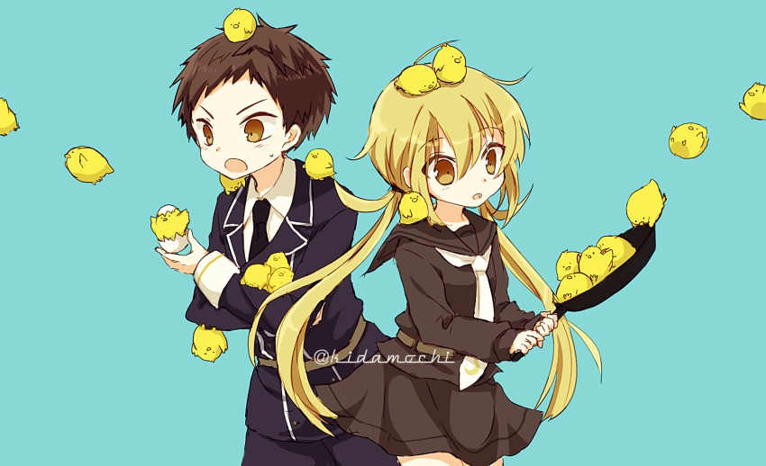 10s 1boy 1girl atsushi_toushirou baby_animal bird black_hair blonde_hair brown_eyes chick cracked_shell formal_clothes frying_pan highres kantai_collection kida_mochi kidamochi long_hair meme necktie on_head open_mouth sailor satsuki_(kancolle) shirt simple_background suit too_many too_many_birds too_many_chicks touken_ranbu twintails twitter_username