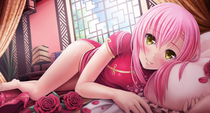 1girl bare_legs barefoot bed bedroom blush breasts china_dress chinese_clothes curtains dress feet female_focus flower frilled_pillow frills hair_ornament hairband hairclip hayate_no_gotoku! high_heels highres indoors katsura_hinagiku lamp lips long_hair long_legs looking_at_viewer lying medium_breasts on_bed on_side petals pillow pink_hair red_dress red_shoes rose rose_petals shoes short_dress short_sleeves side_slit smile solo sunimu toes unworn_shoes window yellow_eyes