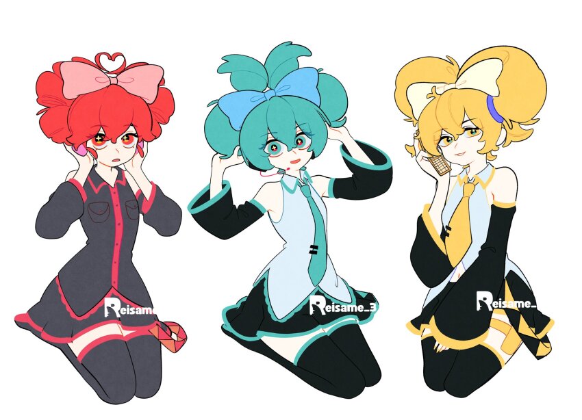 3girls akita_neru aqua_eyes aqua_hair aqua_necktie black_skirt black_sleeves black_thighhighs blonde_hair blue_bow bow cellphone cinnamiku detached_sleeves eyelashes folded_twintails foreskin full_body hair_between_eyes hair_bow hands_up hatsune_miku headset highres kasane_teto kasane_teto_(utau) kneeling looking_at_viewer looking_up multiple_girls necktie open_mouth phimosis phone pleated_skirt red_eyes red_hair reisame shirt simple_background sitting skirt sleeveless sleeveless_shirt thighhighs utau vocaloid white_background white_shirt yellow_eyes yellow_necktie