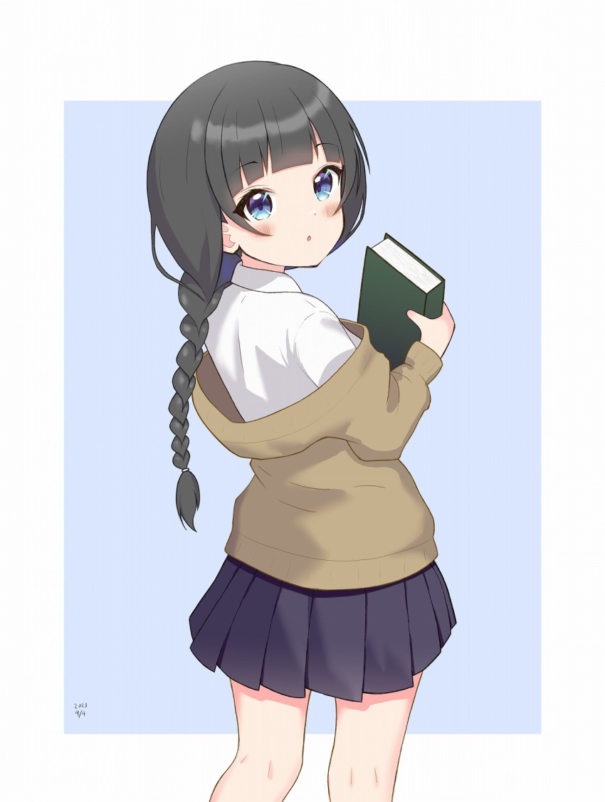 1girl :o black_hair blue_background blue_eyes blue_skirt blush book braid brown_cardigan cardigan commentary dated dot_nose hand_up highres holding holding_book idolmaster idolmaster_cinderella_girls inusoku legs long_hair long_sleeves looking_at_viewer looking_back pleated_skirt shirt skirt solo ujiie_mutsumi white_shirt