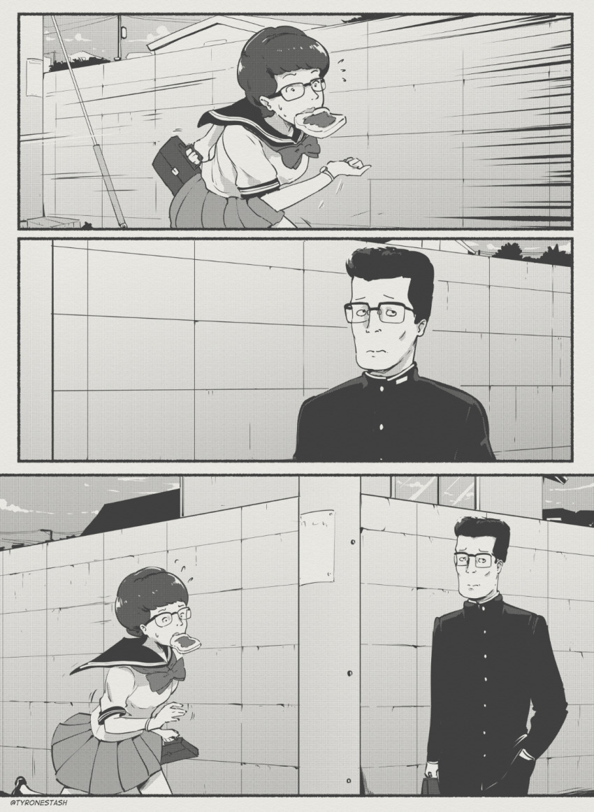 1boy 1girl around_corner bag bread bread_slice breasts comic food food_in_mouth gakuran glasses greyscale hand_in_pocket hank_hill highres holding holding_bag imminent_collision junichirou_hill king_of_the_hill late_for_school medium_breasts miniskirt monochrome motion_lines mouth_hold outdoors parody peggy_hill running school_uniform serafuku skirt speed_lines toast toast_in_mouth tyrone