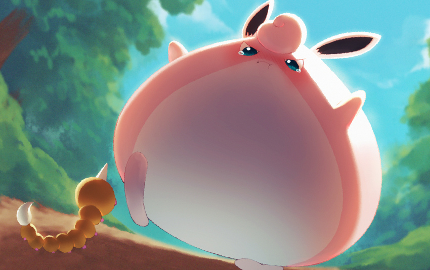 :i closed_mouth commentary_request day from_below gen_1_pokemon naoki_eguchi nintendo no_humans outdoors pokemon pokemon_(creature) sky tearing_up weedle wigglytuff