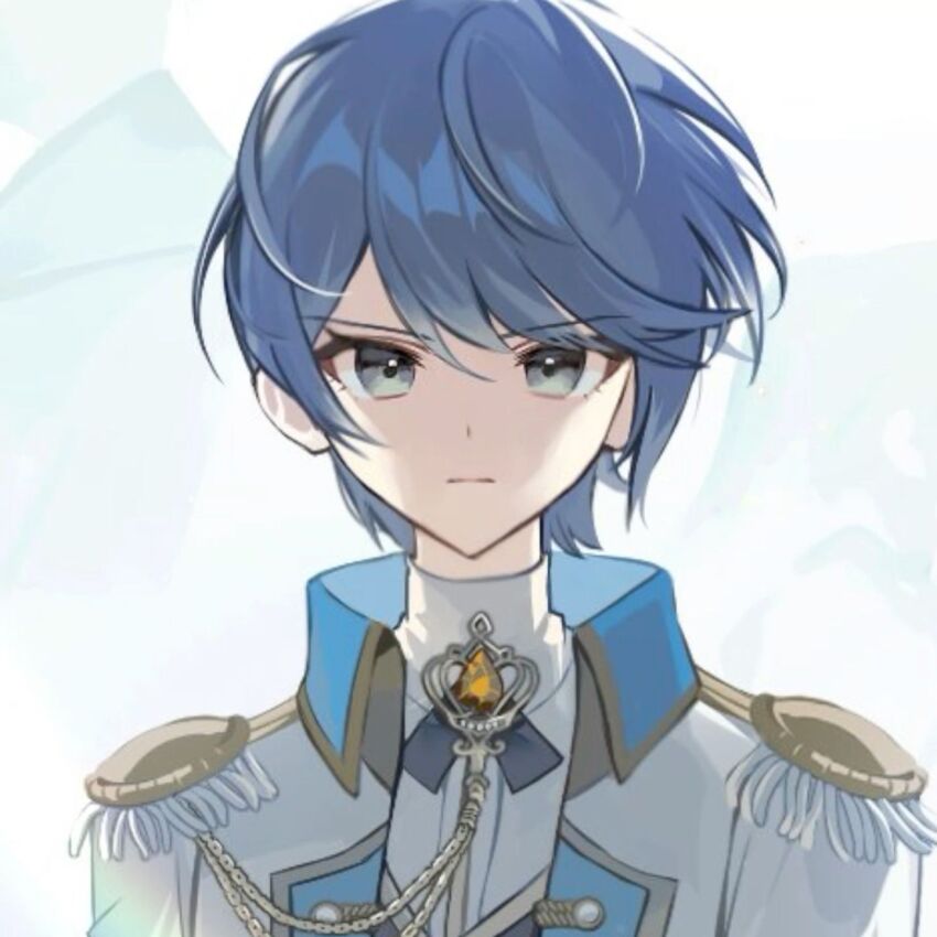 1girl 8_utauyo blue_eyes blue_hair bow chain cooler cropped crown epaulettes gem highres hoshino_ichika_(project_sekai) knight looking_at_viewer non-web_source project_sekai relax_teatime_(project_sekai) shirt short_hair solo swept_bangs third-party_edit white_background white_shirt