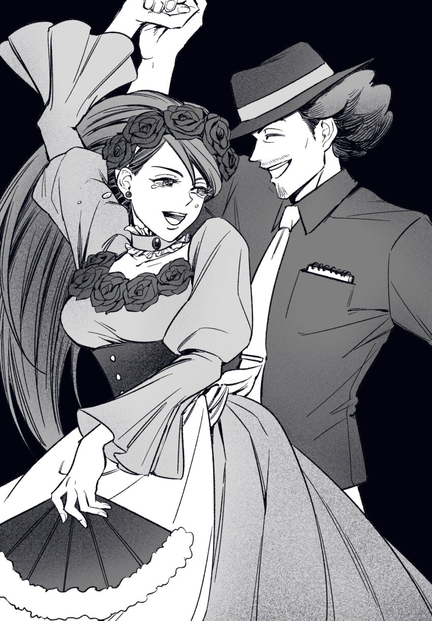 1boy 1girl ace_attorney ace_attorney_investigations ace_attorney_investigations_2:_prosecutor&#039;s_gambit apron breast_pocket chapssal_17 choker corset cowboy_shot crying crying_with_eyes_open dancing dress earrings eddie_fender facial_hair fedora flower flower_hairband frilled_choker frills goatee_stubble greyscale hand_fan hat highres holding holding_fan jewelry judy_bound juliet_sleeves long_hair long_sleeves monochrome mustache_stubble necktie notepad pocket puffy_sleeves rose shirt short_hair smile stubble tears