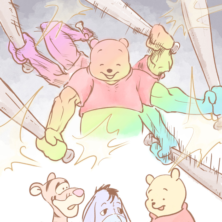 absurdres alternate_muscle_size baseball_bat bocchi_the_rock! eeyore extra_arms false_smile highres holding holding_baseball_bat imasogari multiple_weapons multiple_wielding no_humans pooh red_shirt scene_reference shirt short_sleeves smile tigger winnie_the_pooh