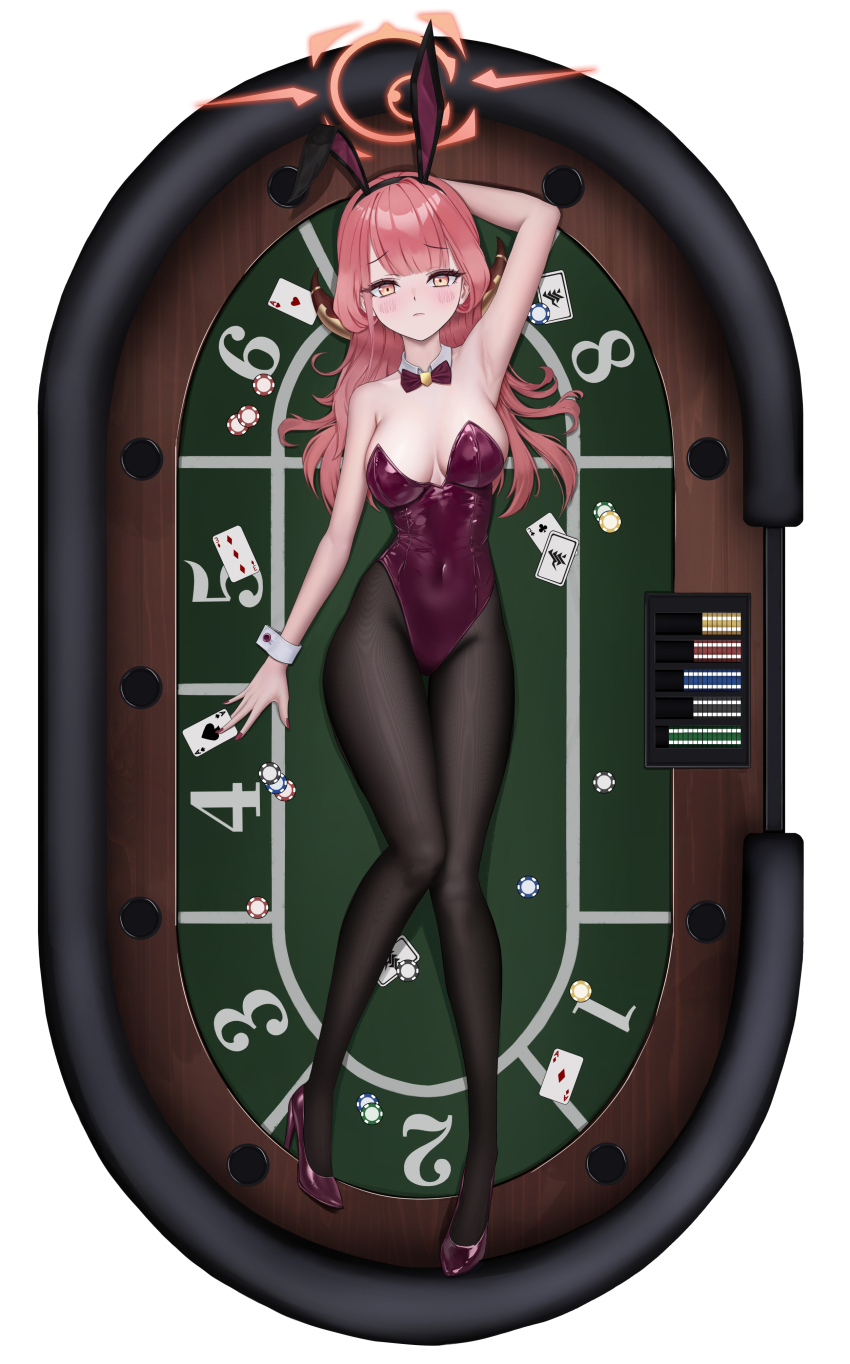1girl absurdres ace_(playing_card) ace_of_diamonds ace_of_hearts ace_of_spades alternate_costume animal_ear_hairband animal_ears arm_behind_head armpits aru_(blue_archive) bare_shoulders black_pantyhose blue_archive blunt_bangs blush bow bowtie breasts card cleavage closed_mouth collar collarbone commentary covered_navel detached_collar diamond_(shape) fake_animal_ears fingernails hairband halo heart high_heels highleg highleg_leotard highres holding holding_card horns large_breasts leotard long_hair long_legs looking_at_viewer lying moire nail_polish on_back pantyhose pink_eyes pink_hair playboy_bunny playing_card poker_chip poker_table rabbit_ears red_bow red_bowtie red_halo red_leotard red_nails red_shoes shoes solo spade_(shape) strapless strapless_leotard table three_of_diamonds two_of_clubs very_long_hair white_background white_collar white_wrist_cuffs wrist_cuffs yuridango