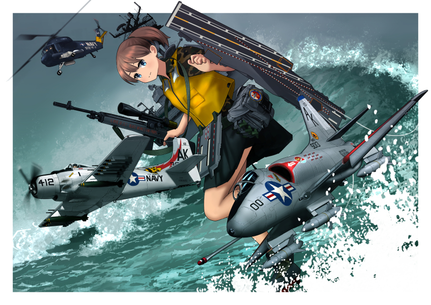 1girl a-1_skyraider a-4_skyhawk absurdres aircraft aircraft_request airplane apron black_skirt blue_eyes bolt_action brown_hair fighter_jet flight_deck gun helicopter highres intrepid_(kancolle) kantai_collection m1903_springfield military_vehicle miniskirt ocean original_remodel_(kantai_collection) ponytail propeller_fighter rifle rigging short_hair skirt solo timmyyen vietnam_war weapon