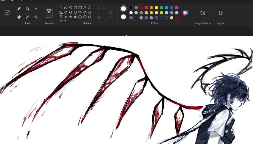 1boy black_gloves black_hair black_halo black_vest closed_eyes crying eikcaj_xd fingerless_gloves forsaken_(roblox) gloves halo microsoft_paint_(medium) microsoft_paint_(software) roblox shirt short_sleeves simple_background solo two_time_(forsaken) upper_body vest white_background white_shirt wings
