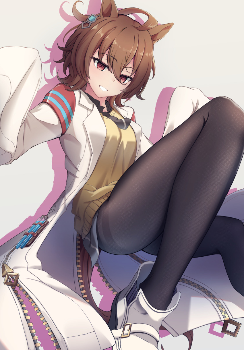 1girl absurdres agnes_tachyon_(umamusume) ahoge animal_ears bandolier belt black_necktie black_shirt breasts brown_hair chemical_structure coat collared_shirt commentary_request cork earrings grin hair_between_eyes heisan777 highres horse_ears horse_girl horse_tail jewelry lab_coat long_sleeves looking_at_viewer medium_breasts messy_hair necktie open_clothes open_coat pantyhose red_eyes shadow shirt short_hair simple_background single_earring sleeves_past_fingers sleeves_past_wrists smile solo sweater_vest tail test_tube thighband_pantyhose umamusume very_long_sleeves white_background white_coat white_footwear yellow_sweater_vest