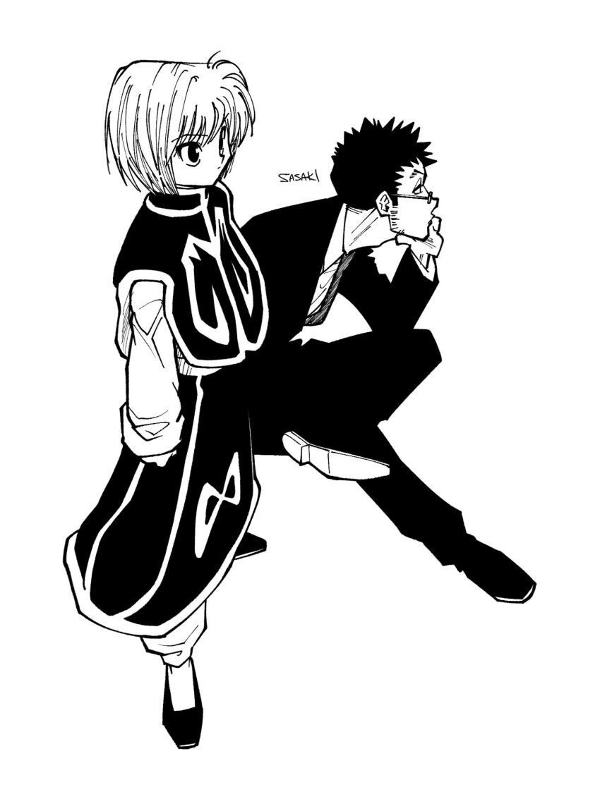 2boys black_hair black_shoes black_suit formal_clothes full_body greyscale highres hunter_x_hunter kurapika leorio_paladiknight long_sleeves looking_to_the_side male_focus monochrome multiple_boys necktie round_eyewear sasaki_koguma shoes short_hair simple_background sitting spiked_hair standing suit tabard white_background