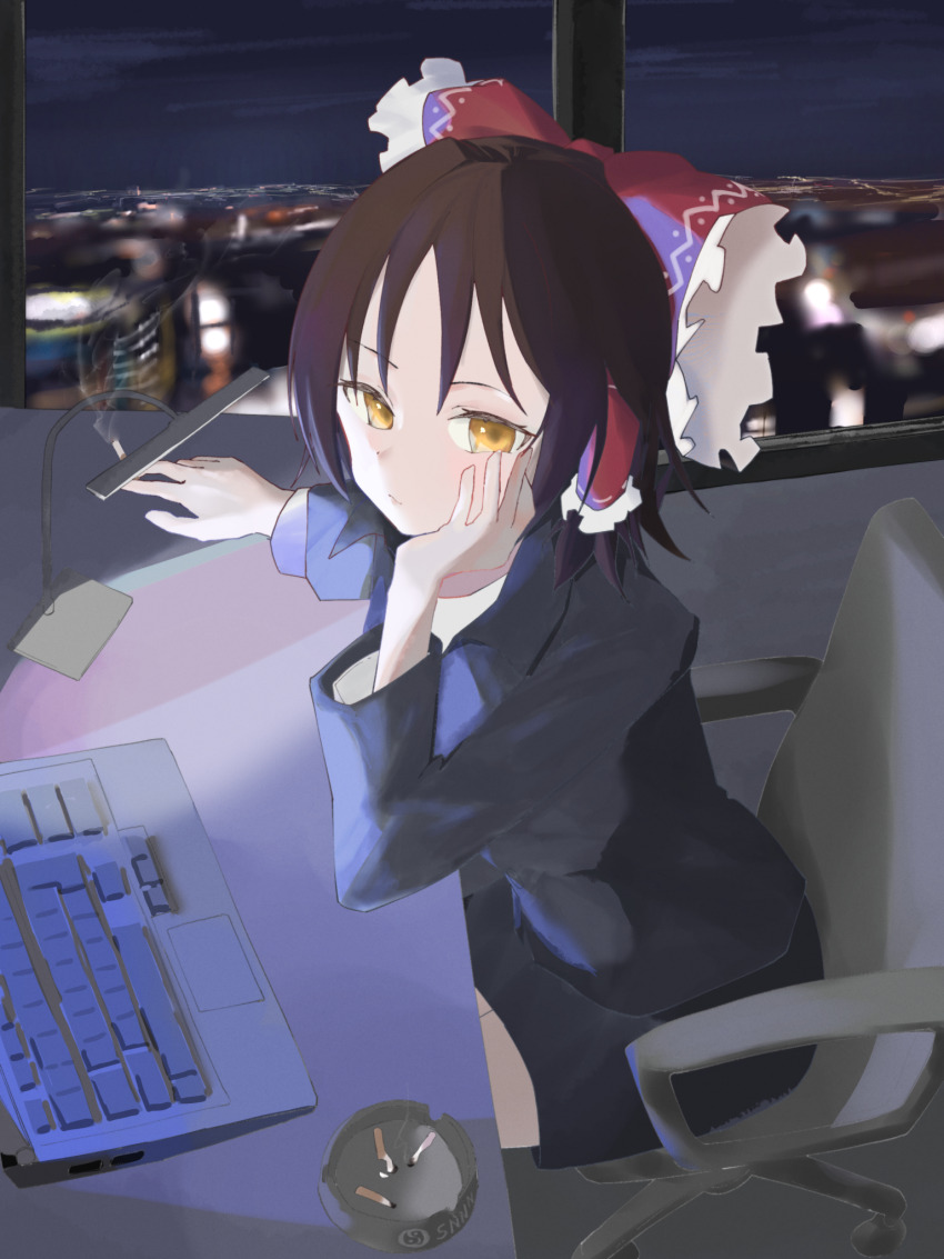 1girl ashtray black_jacket black_skirt blurry blurry_background blush bow brown_hair chair cigarette city closed_mouth commentary_request computer cookie_(touhou) cowboy_shot desk_lamp expressionless frilled_bow frilled_hair_tubes frills hair_bow hair_tubes hakurei_reimu hand_on_own_cheek hand_on_own_face highres holding holding_cigarette indoors jacket lamp laptop looking_at_viewer night office office_chair office_lady pencil_skirt red_bow sananana_(cookie) screen_light shirt short_hair skirt smoke smoking solo swivel_chair table touhou white_shirt whiterolo yellow_eyes