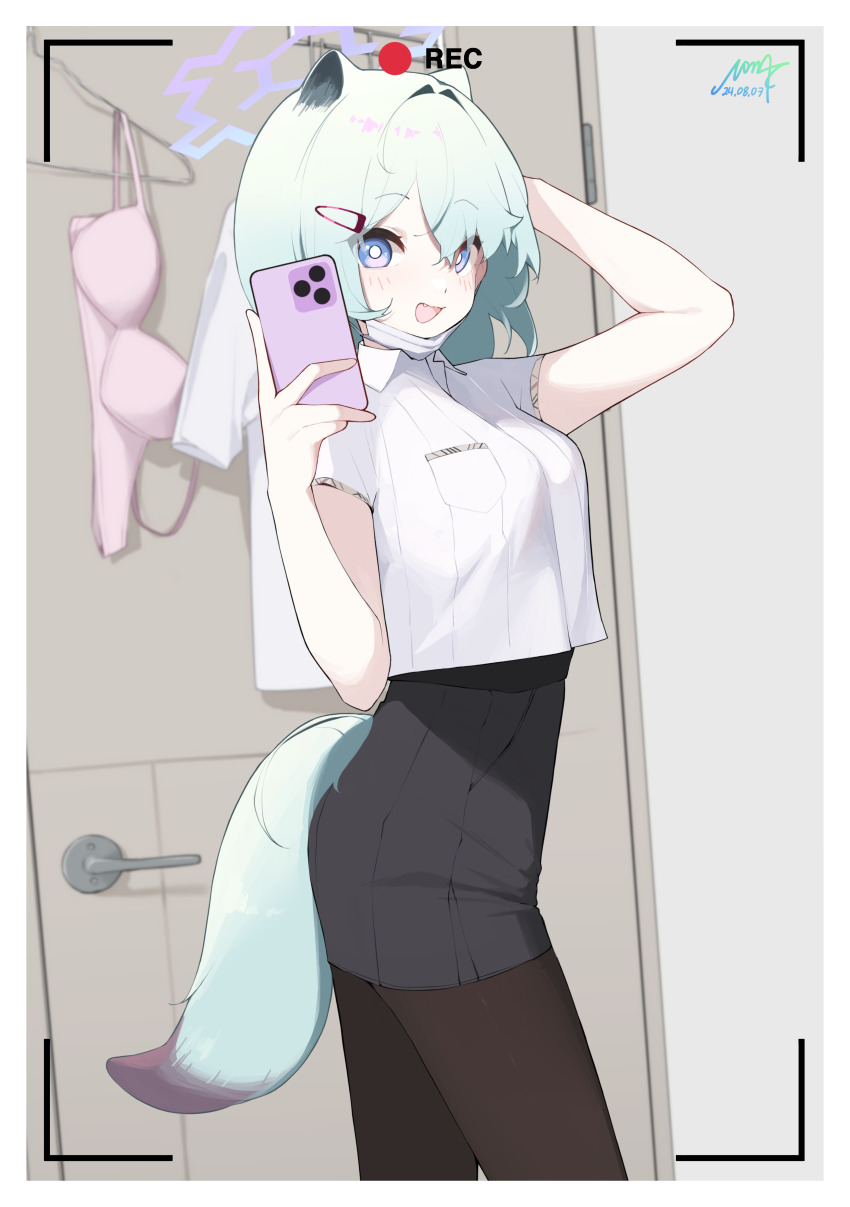 1girl absurdres animal_ears aqua_hair black_pantyhose black_skirt blue_archive blue_eyes blush bra bright_pupils cellphone clothes_hanger fang halo highres holding holding_phone looking_at_viewer mask mask_pull mona_kkkk mouth_mask pantyhose phone recording school_uniform shigure_(blue_archive) shirt short_hair signature skirt solo tail underwear unworn_bra weasel_ears weasel_tail white_mask white_pupils white_shirt