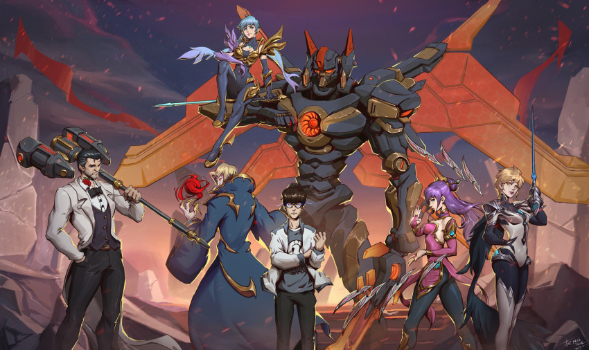 3girls 4boys aatrox alternate_costume chinese_clothes coat dawnbringer_riven debonair_jayce esports fiora_(league_of_legends) floating_object floating_sword floating_weapon formal_clothes glasses highres ig_fiora invictus_gaming invictus_gaming_fiora irelia jayce_(league_of_legends) league_of_legends marquis_vladimir mecha_aatrox multiple_boys multiple_girls order_of_the_lotus_irelia overcoat real_life riven_(league_of_legends) suit sword tangxiao12345 theshy_(gamer) vladimir_(league_of_legends) weapon wings