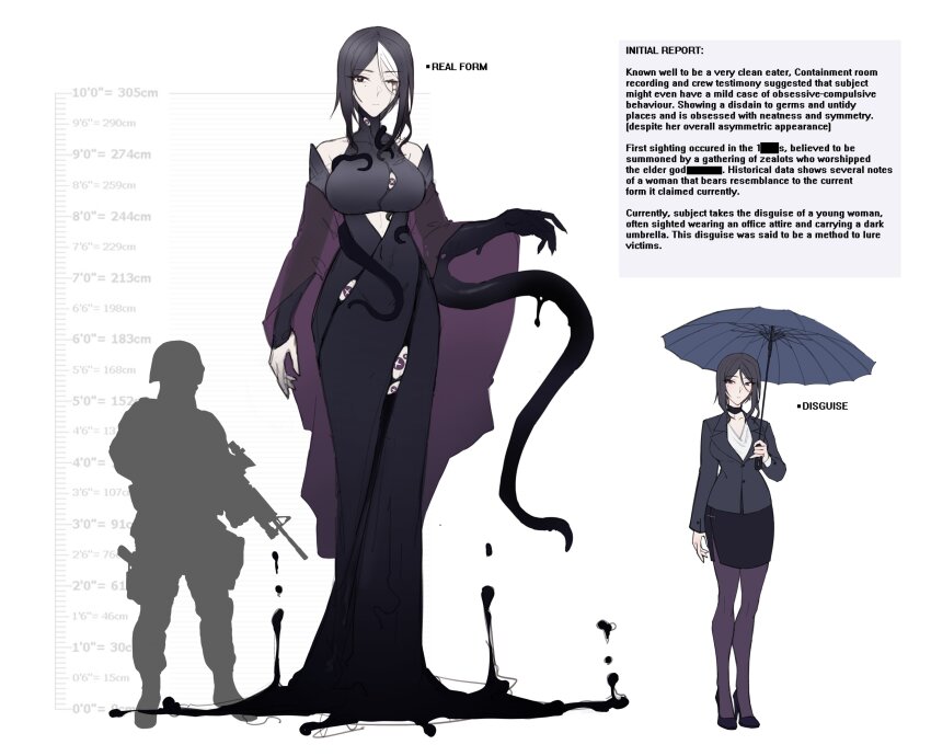 +_+ 1girl absurdres black_eyes black_hair commentary dangodes eldritch_abomination english_commentary english_text gun height_chart height_difference high_heels highres holding holding_umbrella medium_hair multicolored_hair office_lady original pantyhose pencil_skirt rifle silhouette skirt star-shaped_pupils star_(symbol) streaked_hair symbol-shaped_pupils tentacles umbrella weapon white_hair