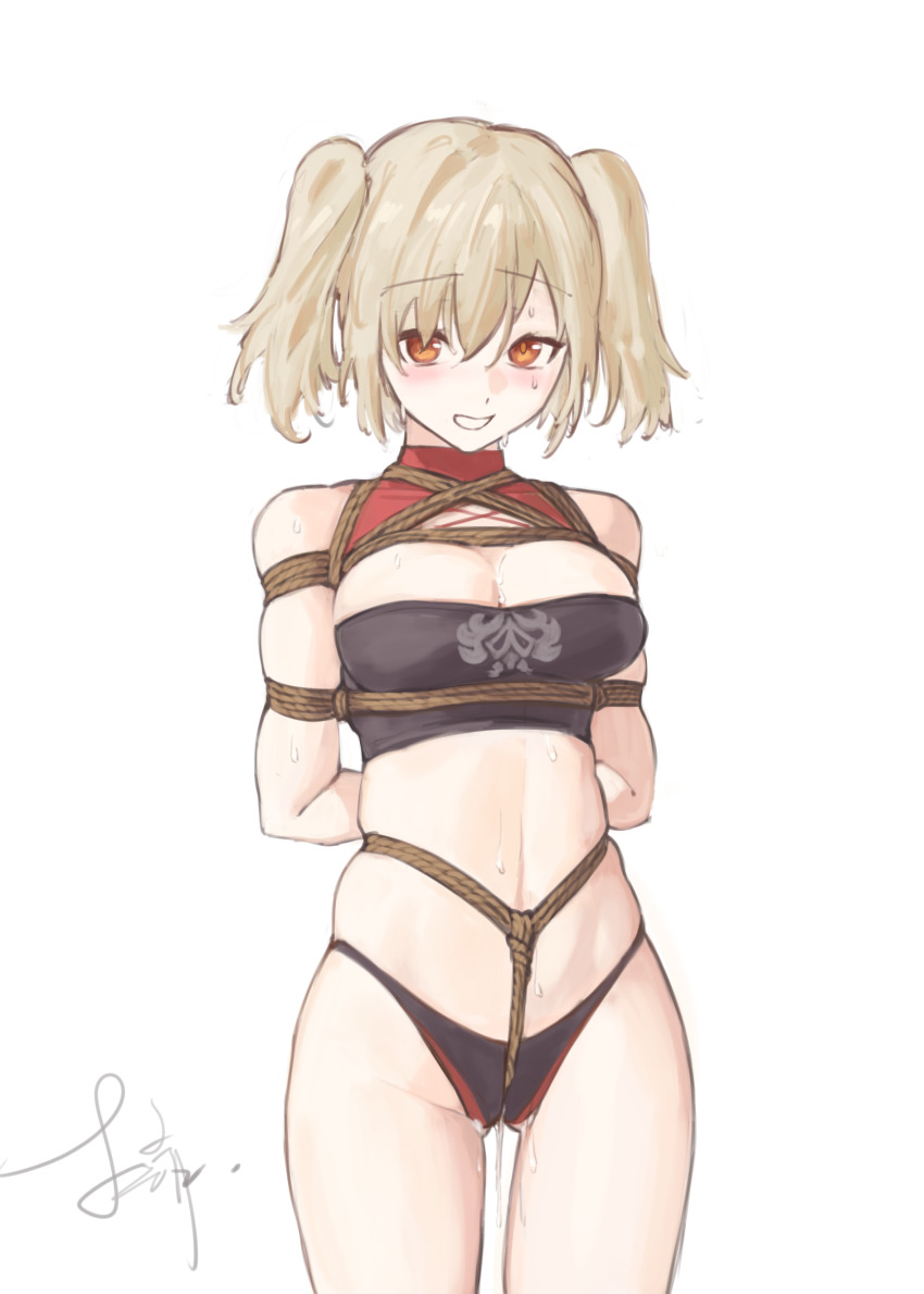 1girl absurdres arms_behind_back bdsm black_panties blonde_hair bondage bound box_tie breasts brown_eyes burnice_white cleavage crotch_rope detached_collar dongyunqing gluteal_fold groin happy_halloween highres long_hair looking_at_viewer medium_hair open_mouth panties pussy_juice shibari shibari_over_clothes skindentation standing stomach strapless sweatdrop teeth thigh_gap thighs tube_top twintails underwear white_background zenless_zone_zero