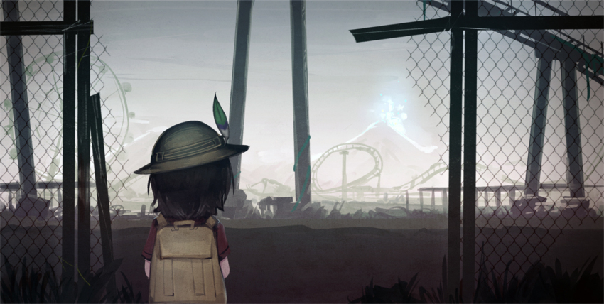 1girl backpack bag black_hair commentary english_commentary fence ferris_wheel from_behind hat_feather helmet jacy kaban_(kemono_friends) kemono_friends pith_helmet red_shirt roller_coaster ruins shirt solo upper_body