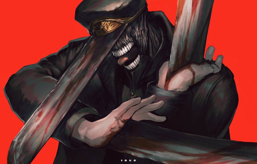 1other black_coat black_hat blood bloody_weapon chainsaw_man coat hat highres ibuo_(ibukht1015) katana_man_(chainsaw_man) red_background simple_background solo teeth tongue tongue_out weapon