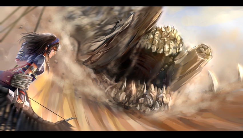 1girl armor bow_(weapon) capcom jhen_mohran jhen_mohran_(armor) letterboxed monster_hunter_(series) monster_hunter_portable_3rd sand weapon windtalker