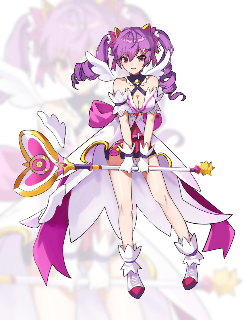 1girl aisha_landar asdff9919 bare_shoulders breasts cleavage commentary crescent crescent_hair_ornament curly_hair dimension_witch_(elsword) dress drill_hair elsword fanged_bangs hair_between_eyes hair_ornament hair_ribbon hairclip highres holding holding_wand large_breasts long_hair looking_at_viewer open_mouth pink_eyes pink_hair pink_ribbon pink_skirt ribbon shoes skirt smile thighs twin_drills twintails wand white_background white_dress white_shoes white_wings wings zoom_layer