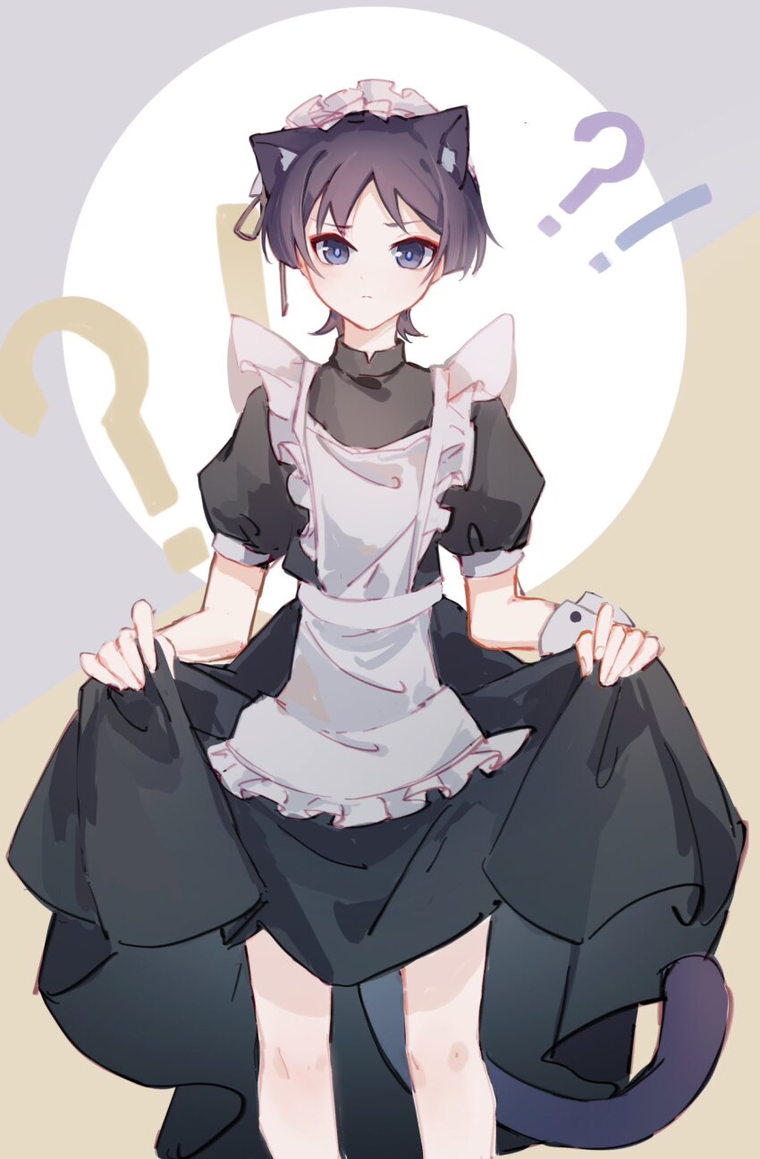 !? 1boy alternate_costume animal_ear_fluff animal_ears apron black_sleeves blunt_ends bright_pupils cat_boy cat_ears cat_tail closed_mouth crossdressing curtsey enmaided eyeliner eyeshadow frilled_apron frilled_hairband frills genshin_impact hairband highres juliet_sleeves long_sleeves looking_at_viewer maid maid_apron maid_headdress makeup male_focus male_maid puffy_sleeves purple_eyes purple_hair red_eyeliner red_eyeshadow scaramouche_(genshin_impact) short_sleeves skirt_hold solo standing straight-on tail white_apron white_hairband white_pupils white_wrist_cuffs wrist_cuffs yaoyuwith