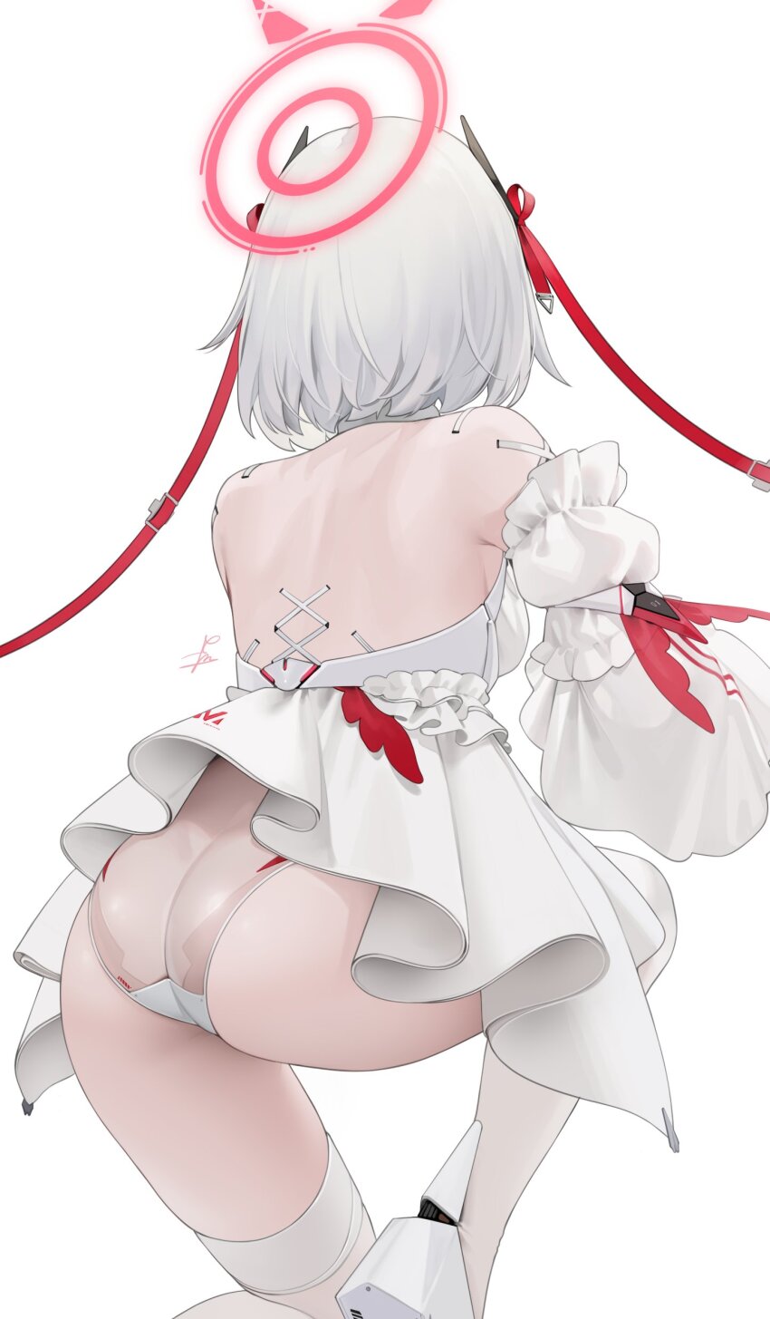 1girl absurdres alternate_costume armored_boots armored_leotard ass backboob backless_leotard boots breasts commentary detached_sleeves drake_(nikke) english_commentary feet_out_of_frame frilled_leotard frilled_sleeves frills from_behind goddess_of_victory:_nikke hair_ribbon halo hashtag-only_commentary highres kneeling leotard ohisashiburi on_one_knee red_halo red_ribbon ribbon see-through_clothes see-through_leotard short_hair signature simple_background small_breasts solo thighhighs white_background white_hair white_thighhighs