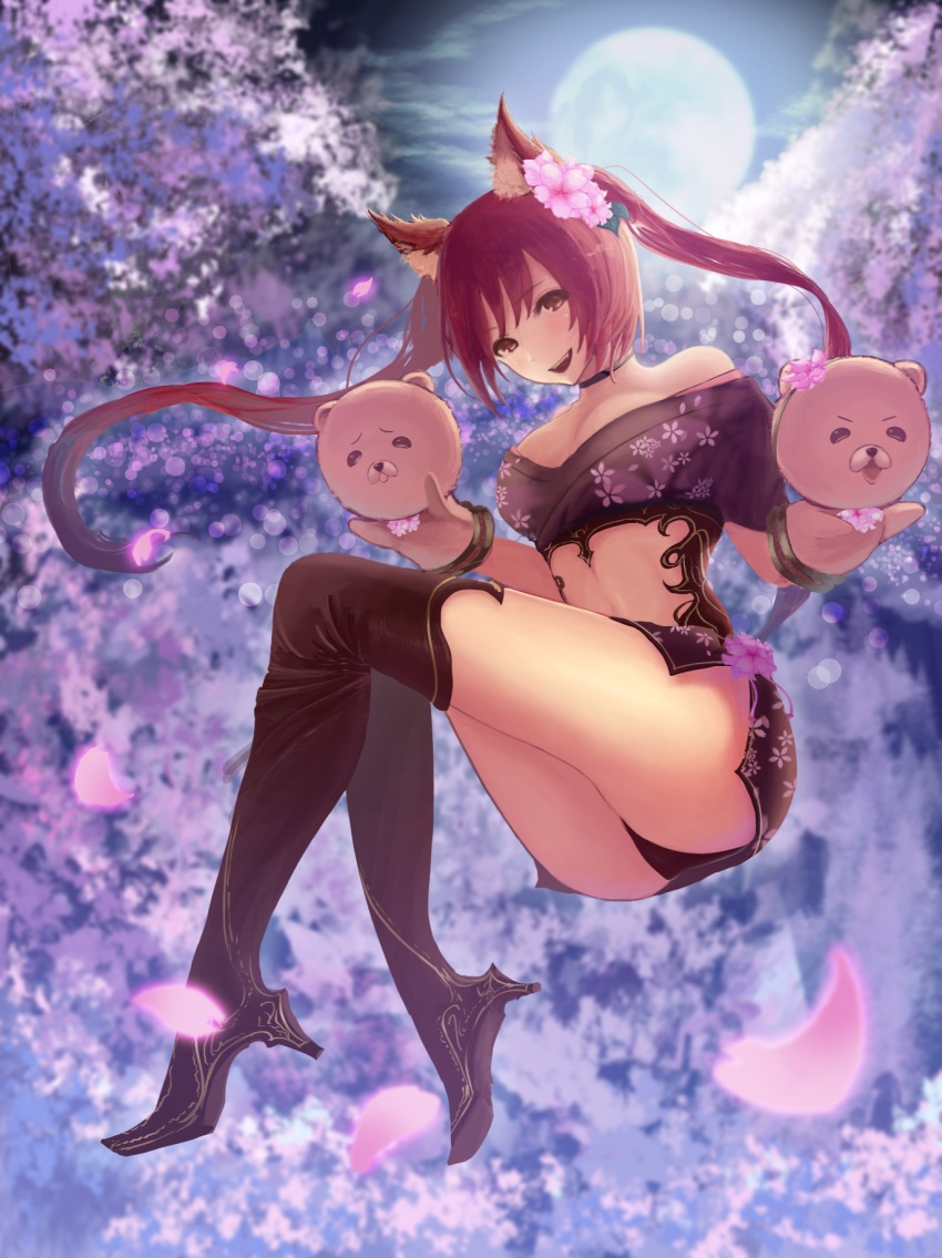 1girl :d animal_ears black_boots black_panties boots breasts brown_eyes cerberus_(shingeki_no_bahamut) character_cutout cherry_blossoms choker cleavage clothing_cutout female_focus floating_hair fox_ears full_moon gloves hand_puppet high_heel_boots high_heels highres large_breasts long_hair looking_at_viewer moni_chon moon navel_cutout open_mouth outdoors panties puppet red_hair shingeki_no_bahamut short_sleeves sight smile solo thigh_boots thighhighs twintails underwear very_long_hair