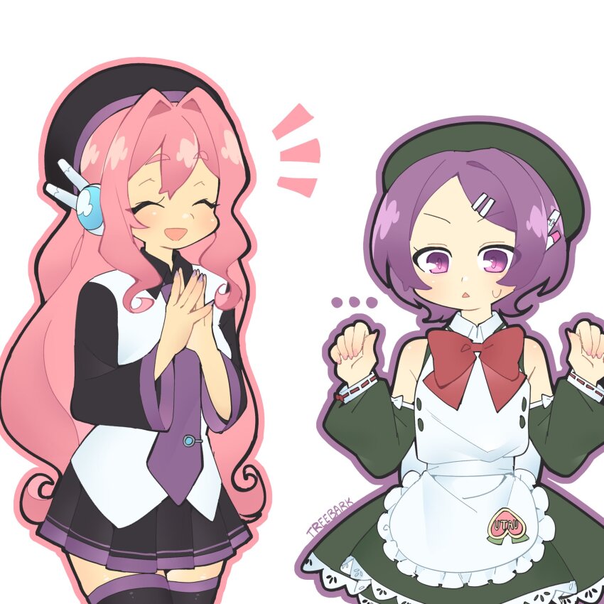 ... 2girls apron beret black_hat black_skirt black_sleeves black_thighhighs bow bowtie buttons closed_eyes collared_dress collared_shirt copyright_name cosplay costume_switch detached_sleeves dress frilled_apron frills green_dress green_hat green_sleeves hair_intakes hair_ornament hairclip hat headphones heart highres long_hair maid_apron momone_momo multiple_girls necktie open_mouth outline own_hands_together pink_hair pink_nails pink_outline purple_eyes purple_hair purple_nails purple_necktie purple_outline purple_trim red_bow red_bowtie shirt short_hair signature simple_background skirt small_sweatdrop smile solo thighhighs tie_clip treebarkagain triangle_mouth utane_uta utau very_long_hair white_apron white_background white_shirt