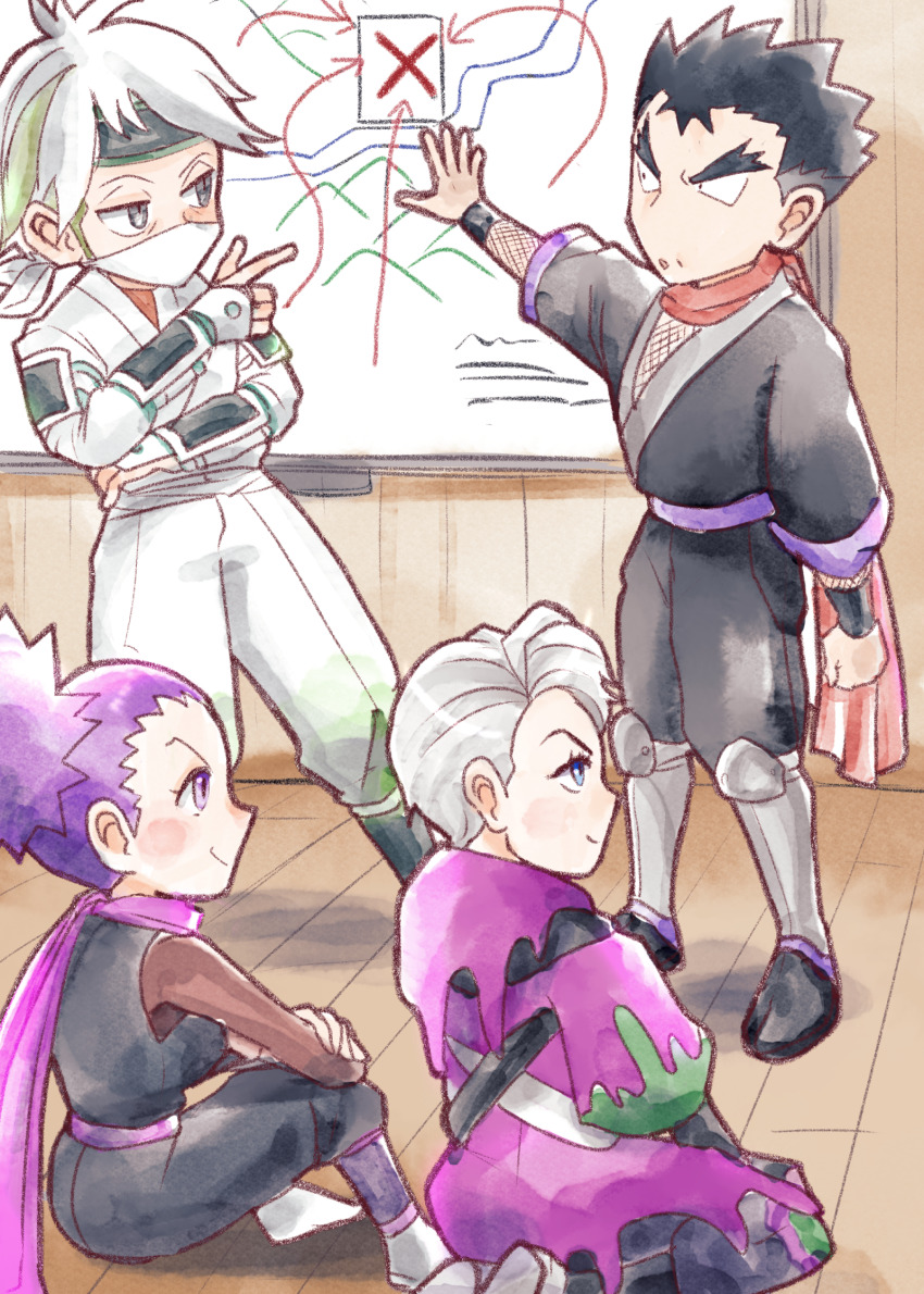 1girl 3boys ass atticus_(pokemon) bandana bandana_over_mouth beni_(pokemon) blue_eyes father_and_daughter green_hair grey_eyes grey_hair highres huge_ass janine_(pokemon) koga_(pokemon) makita_(mugitya3776) multicolored_hair multiple_boys ninja nintendo pokemon pokemon_hgss pokemon_legends:_arceus pokemon_sv purple_eyes purple_hair purple_scarf red_scarf scarf sitting standing trait_connection two-tone_hair white_hair