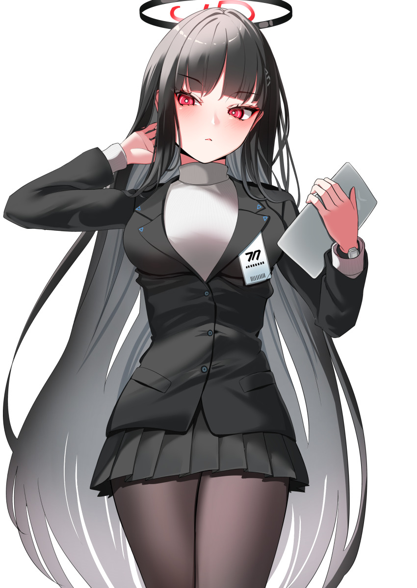 1girl absurdres black_hair black_jacket black_skirt black_suit blue_archive blush breasts brown_pantyhose formal_clothes hair_ornament hairclip halo highres jacket large_breasts long_hair long_sleeves looking_at_viewer miniskirt nigori_(keydoor) pantyhose pleated_skirt red_eyes ribbed_sweater rio_(blue_archive) skirt solo suit sweater tablet_pc thighs turtleneck turtleneck_sweater white_sweater